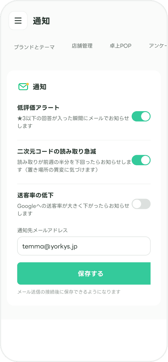 低評価アラートの画面