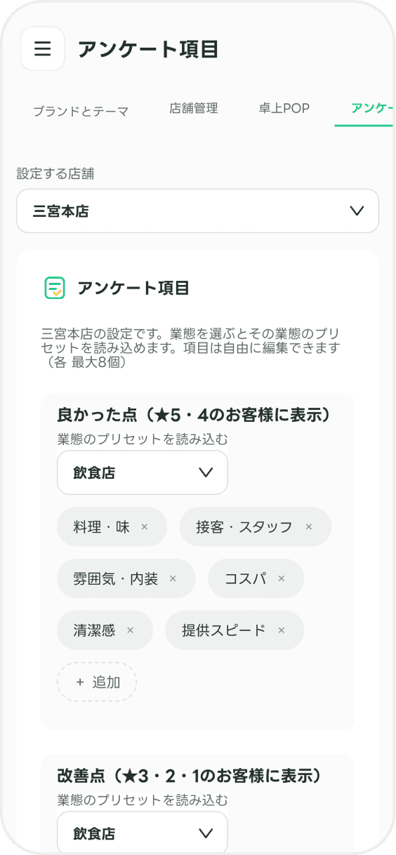 アンケート項目の画面